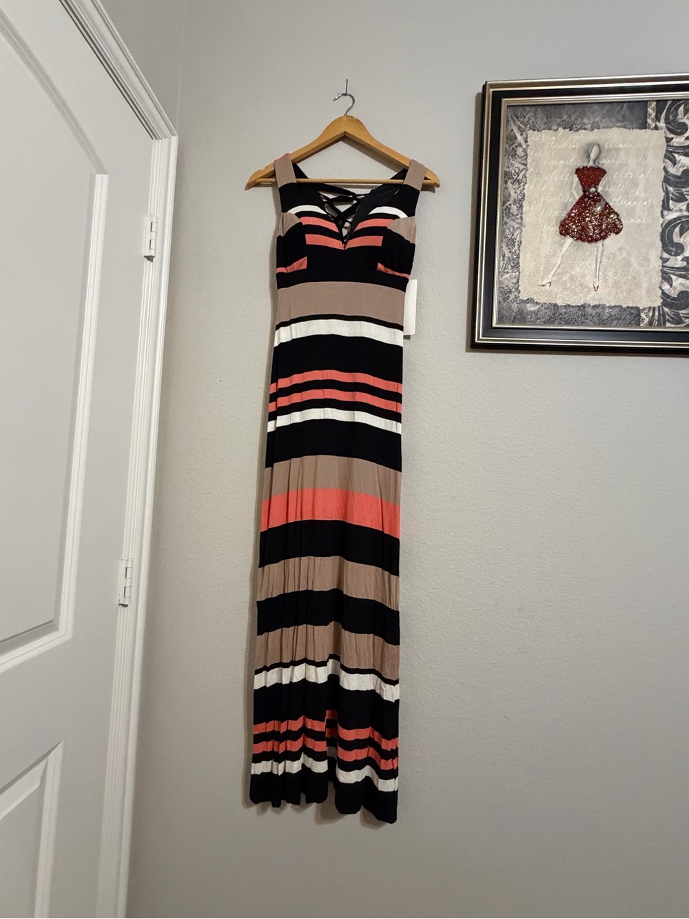 Honey and Rosie Striped Sleeveless Maxi Dress in Black, Tan & Coral